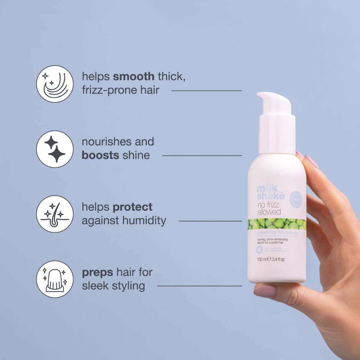 Hand holding a white hair care product bottle with text on a light blue background