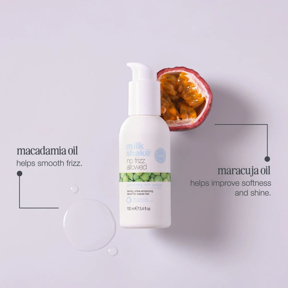 White bottle with green label on a light gray background, featuring text about macadamia and maracuja oils.