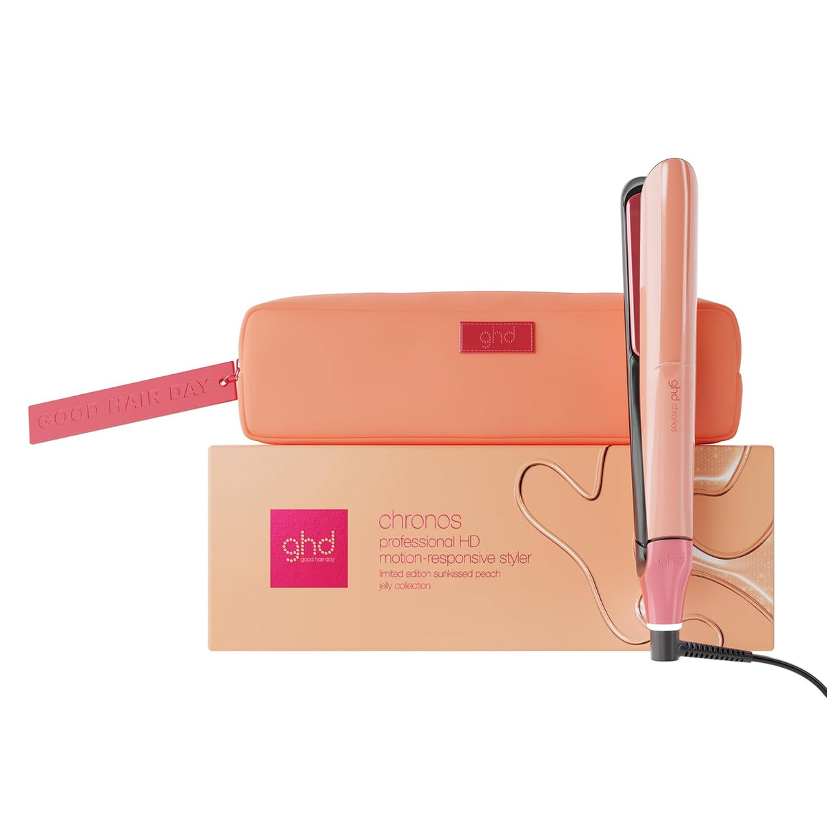Pink hair straightener with packaging on a white background