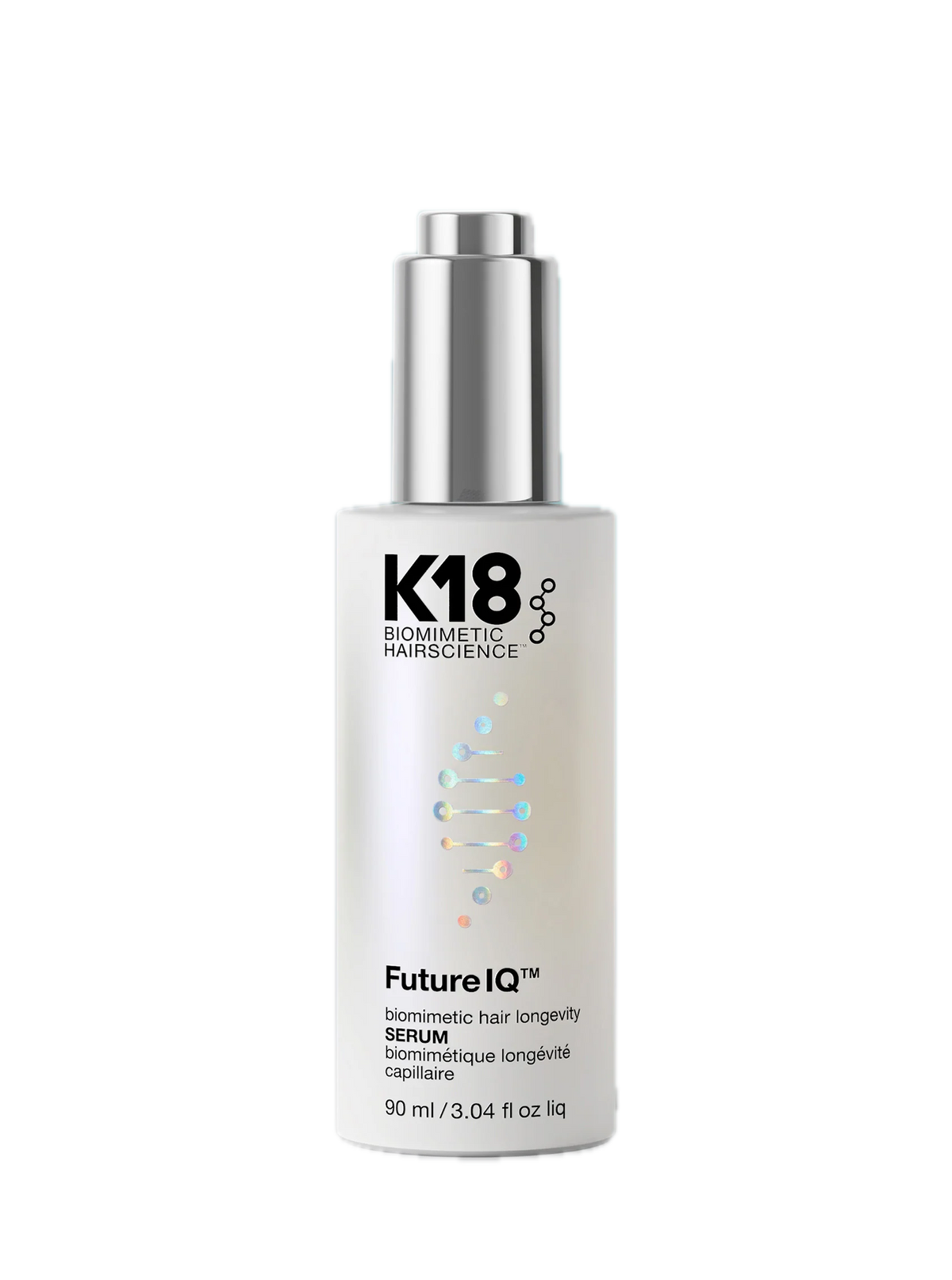 K18 Biomorphic Hairscience FutureIQ Serum in a white bottle with a metallic silver pump dispenser, shown on a plain white background.