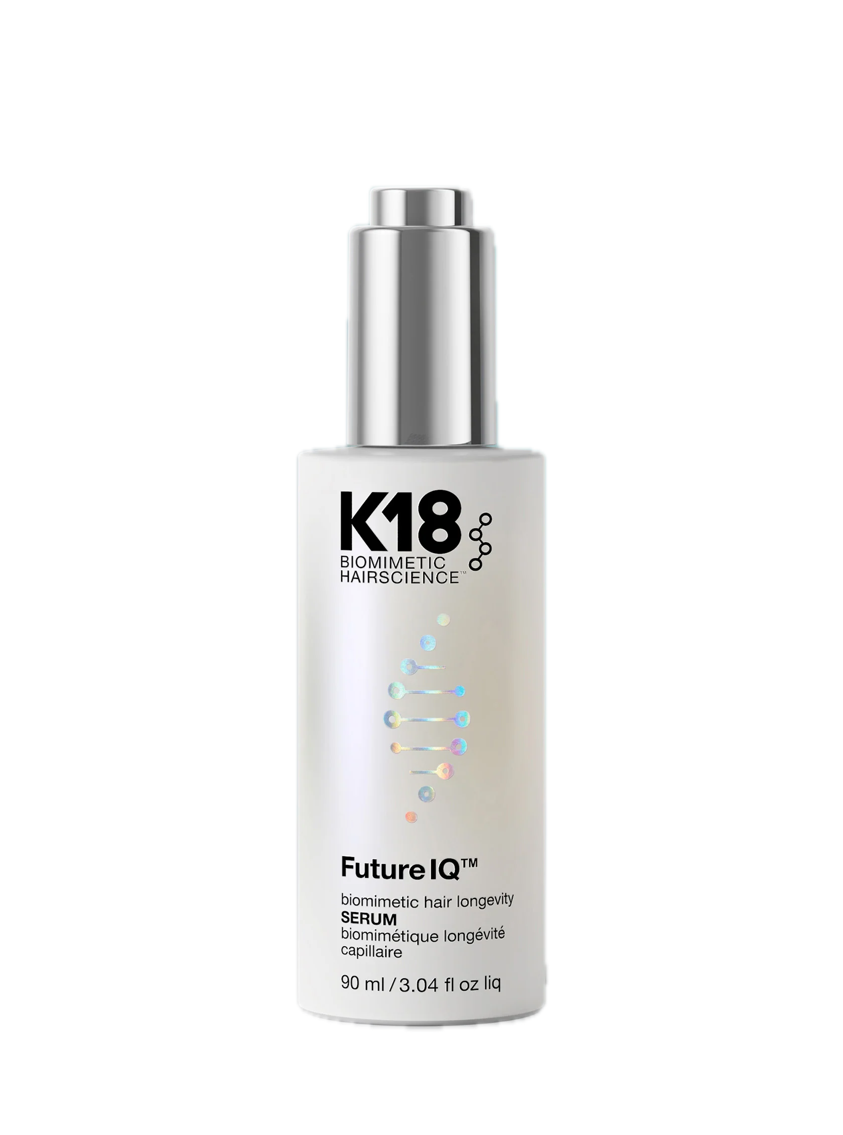 K18 Biomorphic Hairscience FutureIQ Serum in a white bottle with a metallic silver pump dispenser, shown on a plain white background.