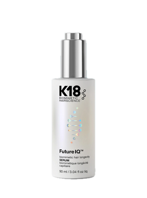 K18 Biomorphic Hairscience FutureIQ Serum in a white bottle with a metallic silver pump dispenser, shown on a plain white background.