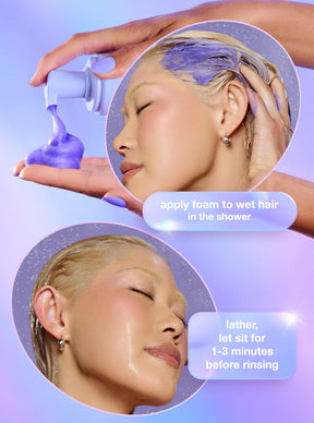 Instructions for applying a product to wet hair with close-up shots of a person's head.