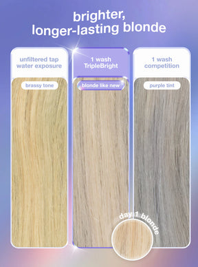 Comparison of hair color before and after using a hair dye product with a purple tint.