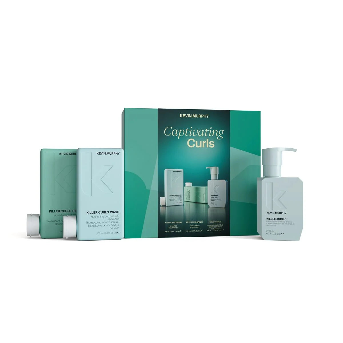 Kevin Murphy Captivating Curls hair care set featuring a teal and mint green gift box, a bottle of K-26 Curl & Define, a tube of K-26 Curl & Define, and a pump bottle of K-26 Curl & Define, arranged on a white background.