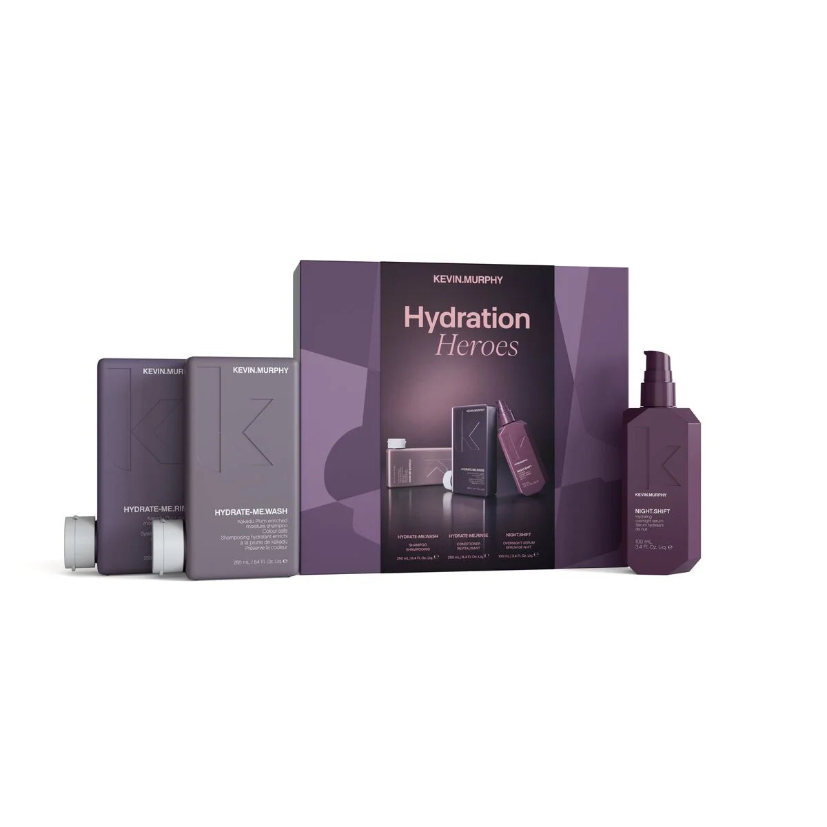 Kevin Murphy Hydration Heroes hair care set featuring a purple and gray box, two rectangular bottles, and a spray bottle on a white background.