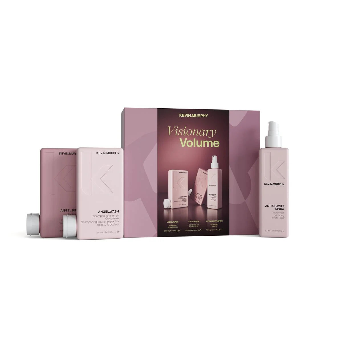 Kevin Murphy Visionary Volume hair growth kit featuring a pink and mauve color scheme with multiple bottles and boxes arranged on a white background.