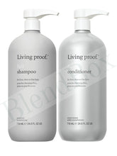 Living Proof shampoo and conditioner bottles on a white background