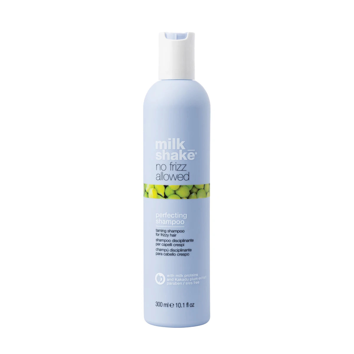 Shampoo bottle labeled 'milk_shake no frizz allowed' on a white background