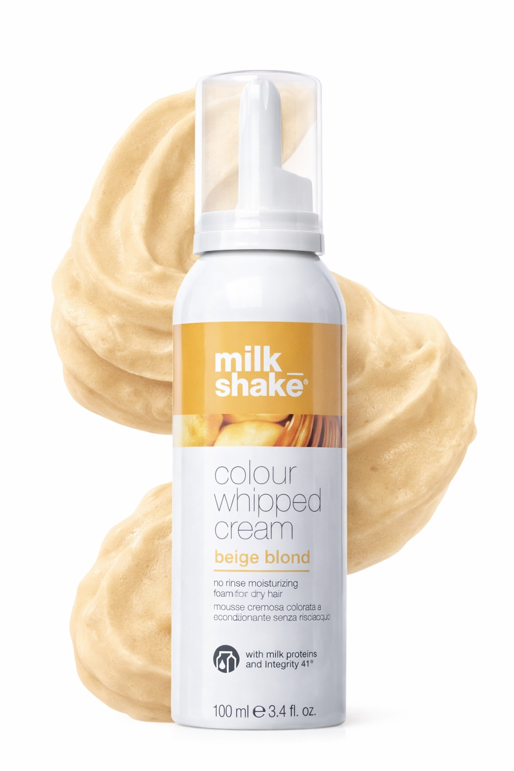 Bottle of milk_shake Colour Whipped Cream in beige blond on a white background