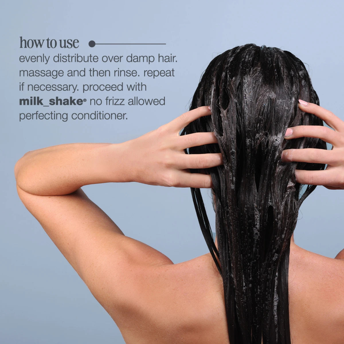 Person applying hair product with text on how to use it against a light blue background