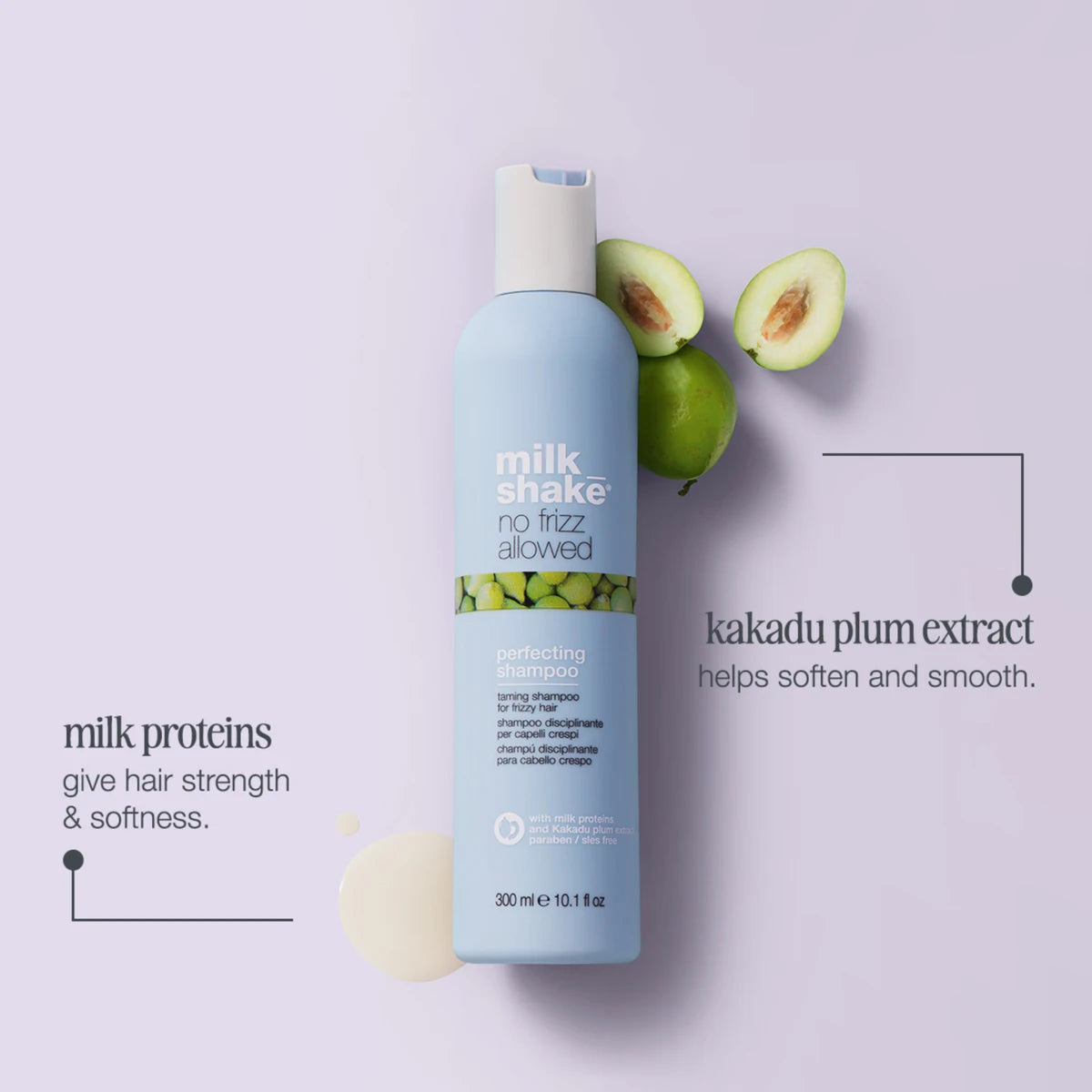 Milk Shake hair care product with kakadu plum extract on a light purple background