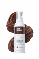 Milk Shake Colour Whipped Cream bottle with brown hair color swatch on a white background