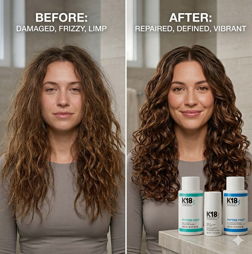 Before and after comparison of hair treatment with K18 products shown.