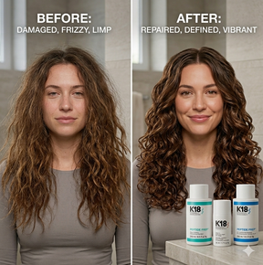 Before and after comparison of hair treatment with K18 products shown.
