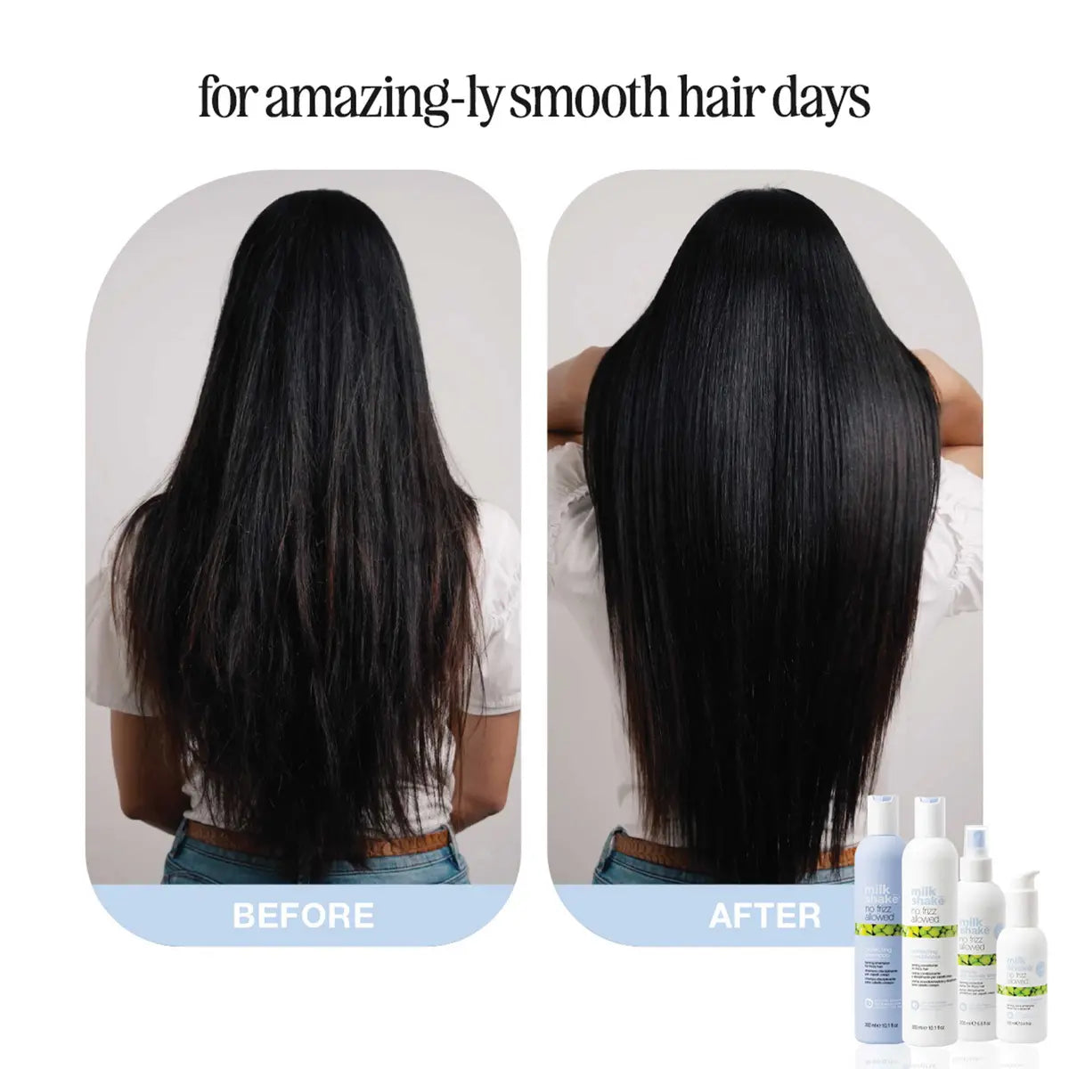 Before and after comparison of hair smoothness with product bottles displayed.
