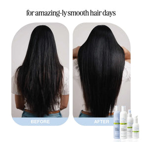 Before and after comparison of hair smoothness with product bottles displayed.