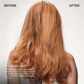 Before and after hair care comparison showing long wavy light auburn hair on a model from the back, with text explaining results after cleansing, conditioning, and styling.