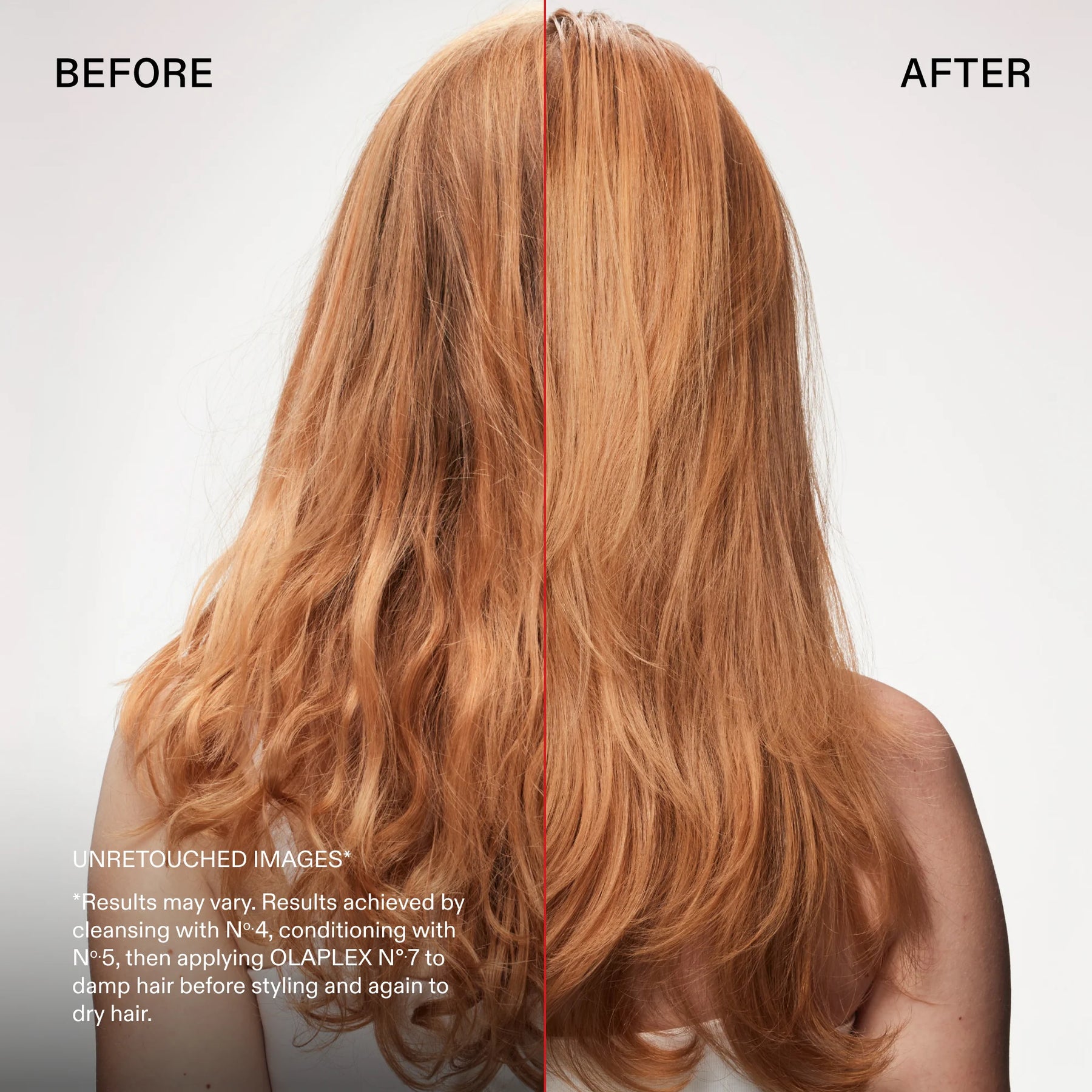 Before and after hair care comparison showing long wavy light auburn hair on a model from the back, with text explaining results after cleansing, conditioning, and styling.