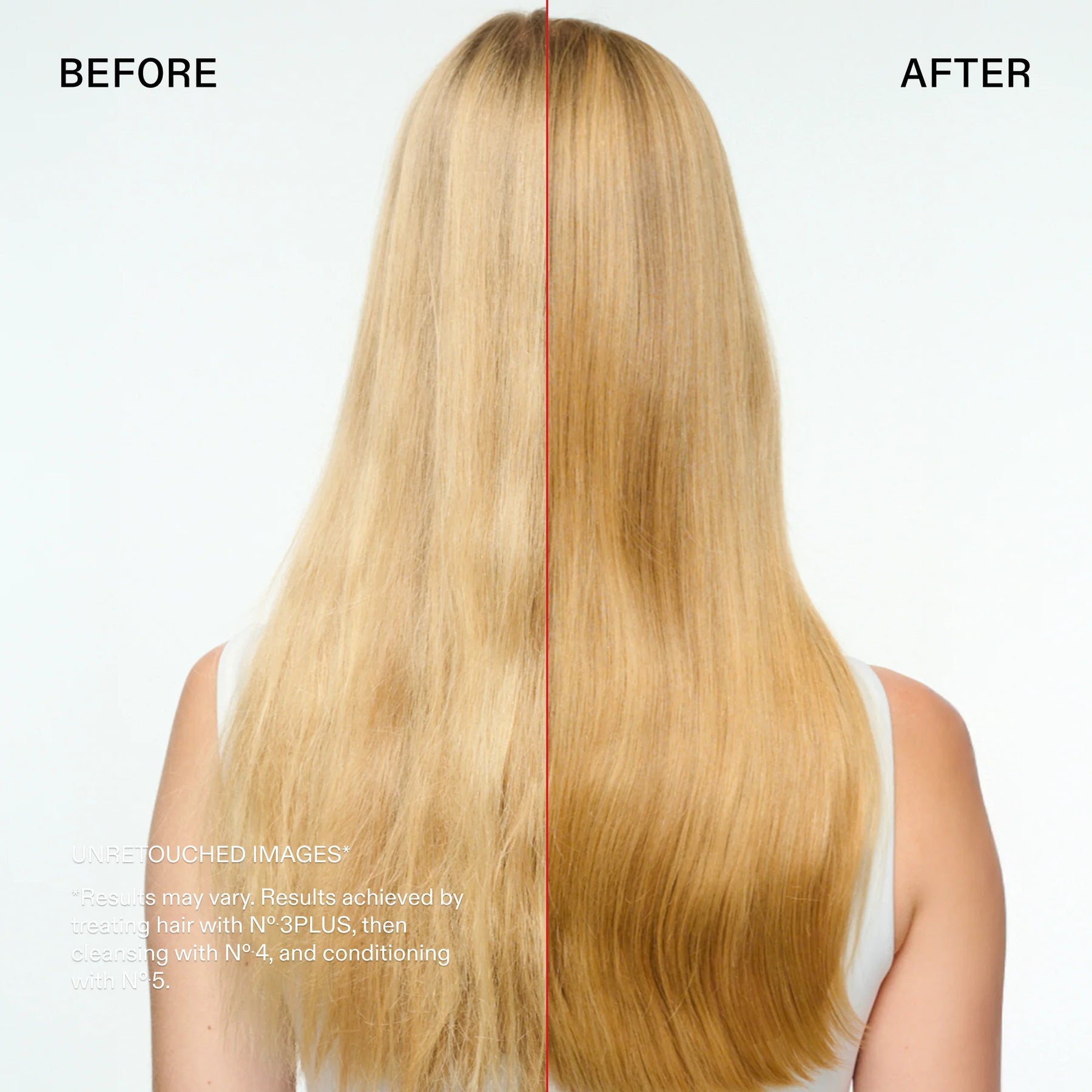 Before and after comparison of a woman's long blonde hair, showing frizzy, textured hair on the left labeled BEFORE, and smoother, shinier hair on the right labeled AFTER, against a white background.