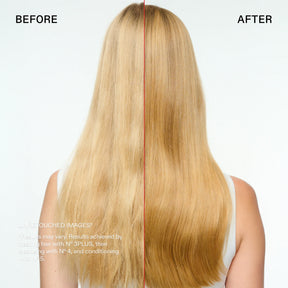 Before and after comparison of a woman's long blonde hair, showing frizzy, textured hair on the left labeled BEFORE, and smoother, shinier hair on the right labeled AFTER, against a white background.