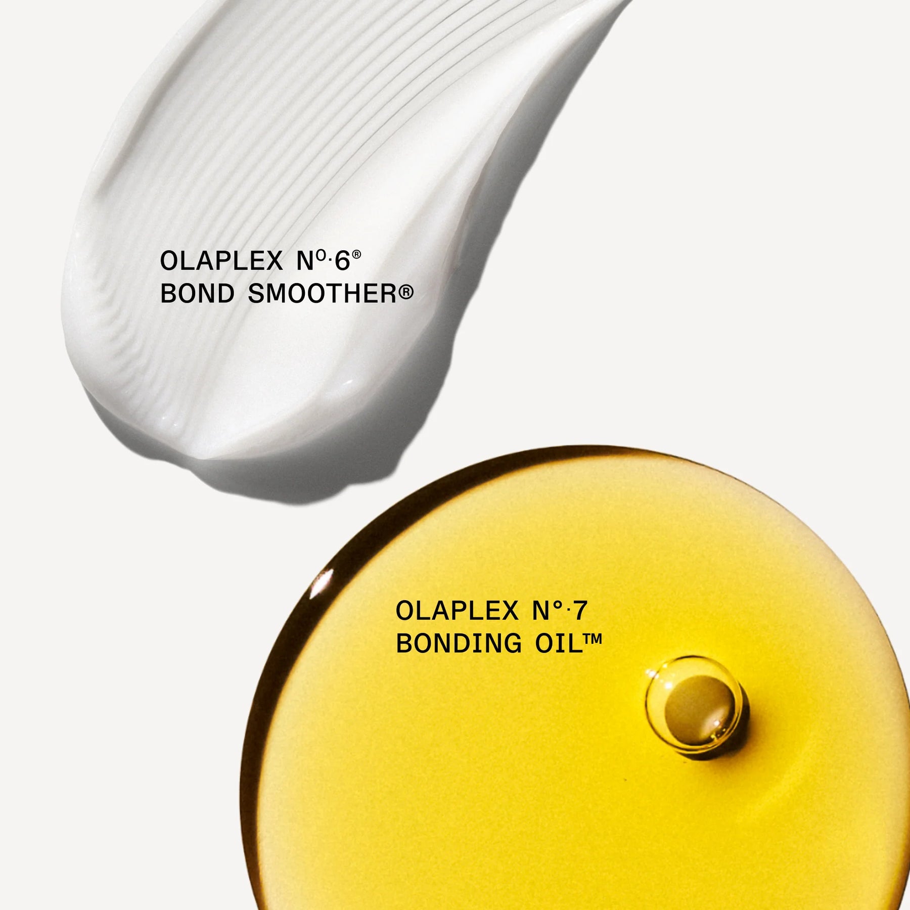 Two cosmetic product components on a light gray background: a white textured smear labeled 'OLAPLEX N°6 BOND SMOOTHER' and a glossy gold oval dropper bottle labeled 'OLAPLEX N°7 BONDING OIL'.