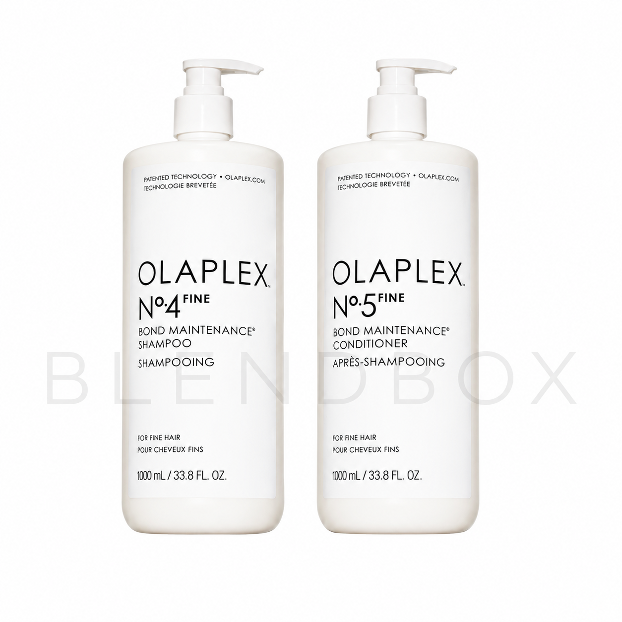 Two white pump bottles of Olaplex No.4 Fine Bond Maintenance Shampoo and No.