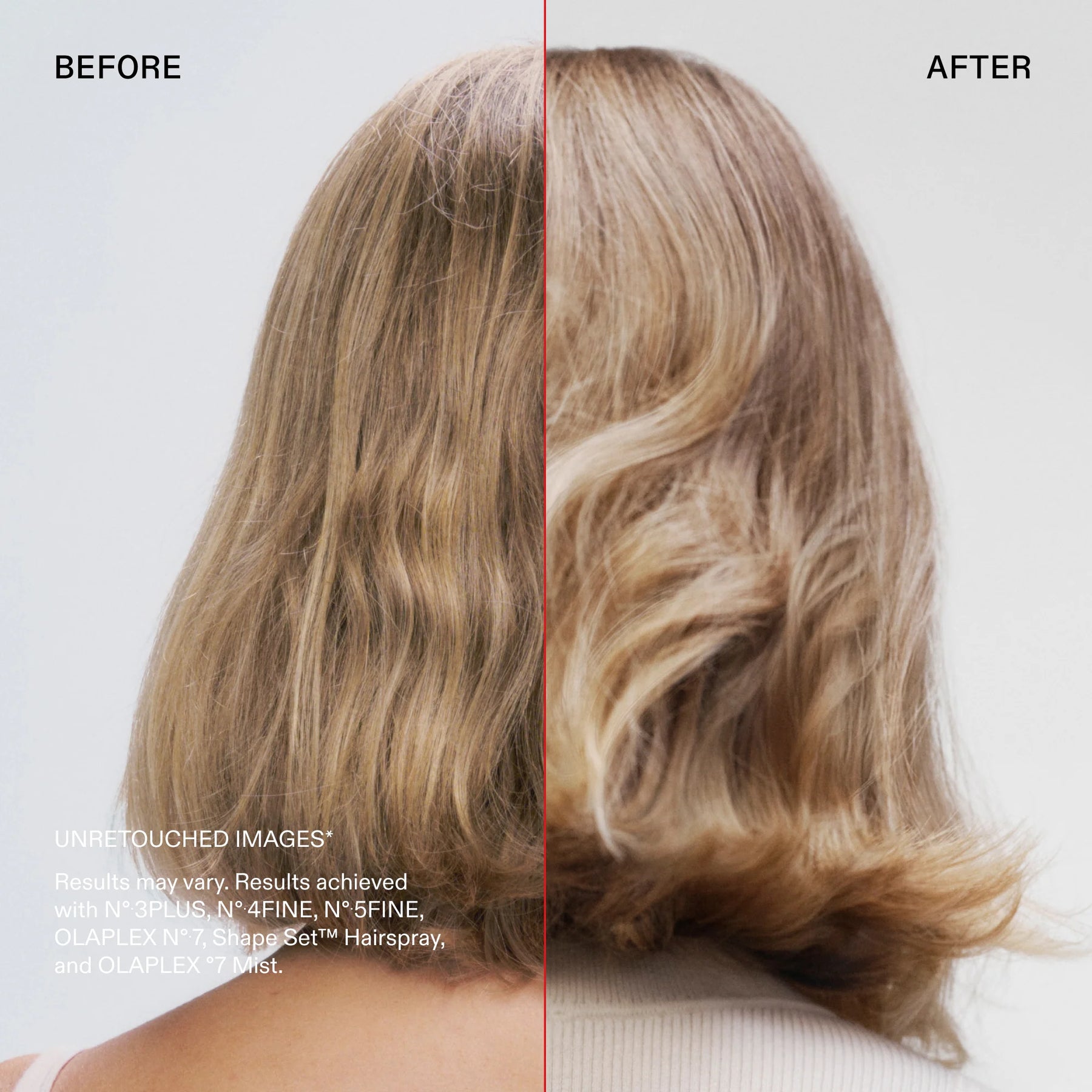Before and after hair styling comparison showing the back of a woman's head with shoulder-length blonde hair, demonstrating the effect of a hair product. The left side is labeled 'BEFORE' and shows a straighter, less styled look.