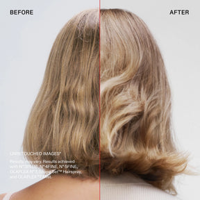 Before and after hair styling comparison showing the back of a woman's head with shoulder-length blonde hair, demonstrating the effect of a hair product. The left side is labeled 'BEFORE' and shows a straighter, less styled look.