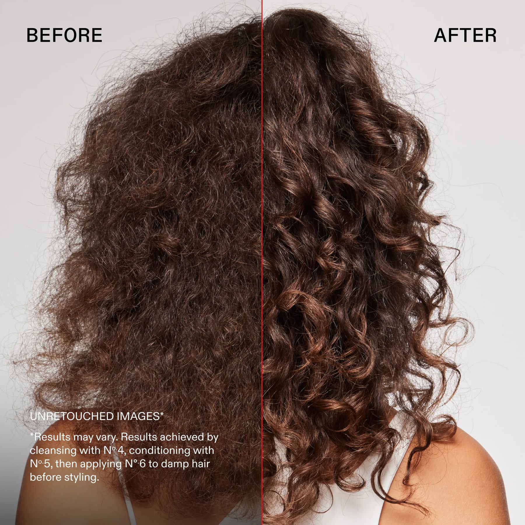 Before-and-after hair styling comparison showing curly dark brown hair on the left and defined, voluminous curly hair on the right, with text explaining that results may vary.
