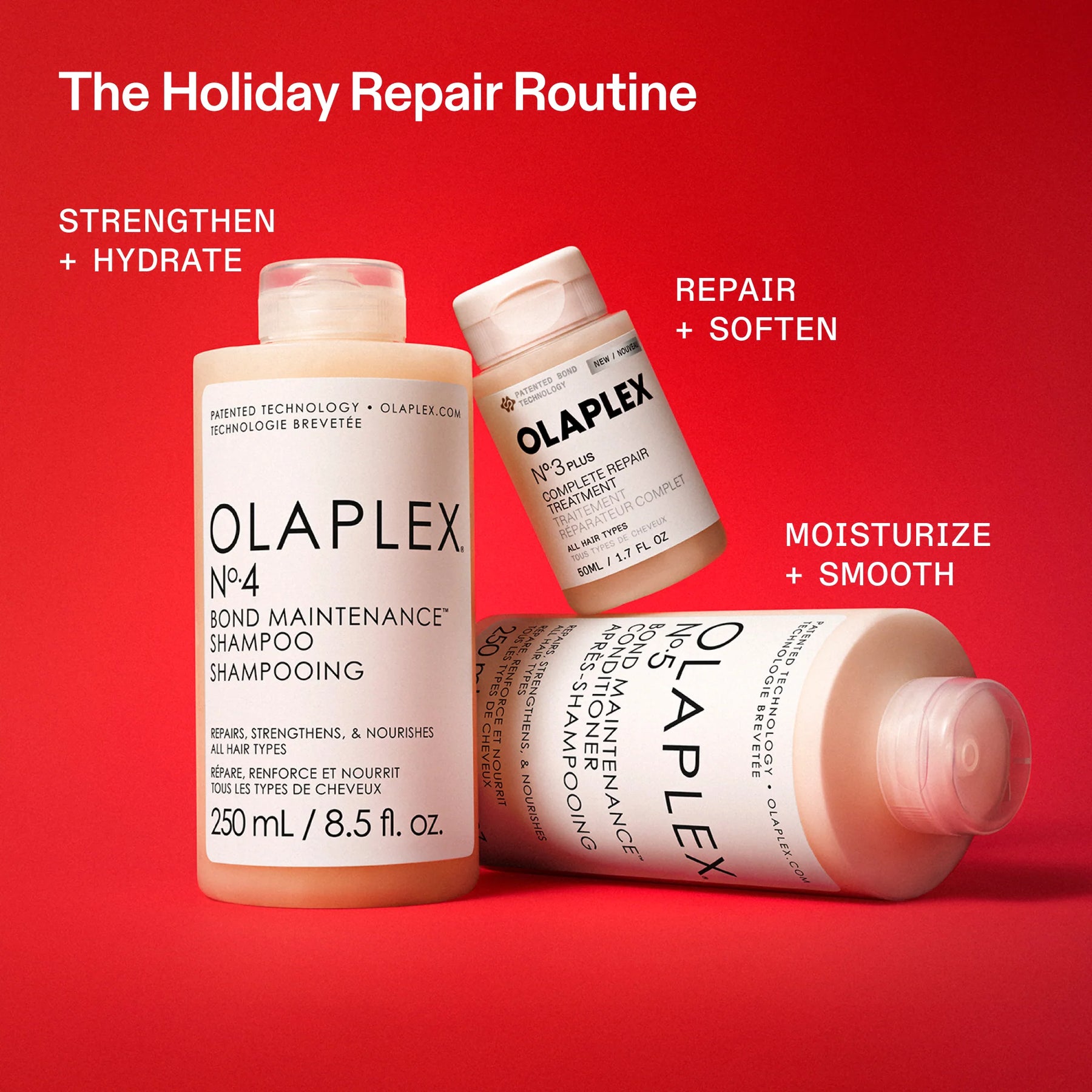Three Olaplex No.4 Bond Maintenance Shampoo bottles arranged on a bright red background with promotional text reading 'The Holiday Repair Routine' and callouts about strengthening, hydrating, repairing, softening, and moisturizing.