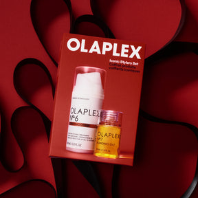 Olaplex Iconic Stylers Set featuring a red box with Olaplex No. 6 Hair Building Treatment and Olaplex No.