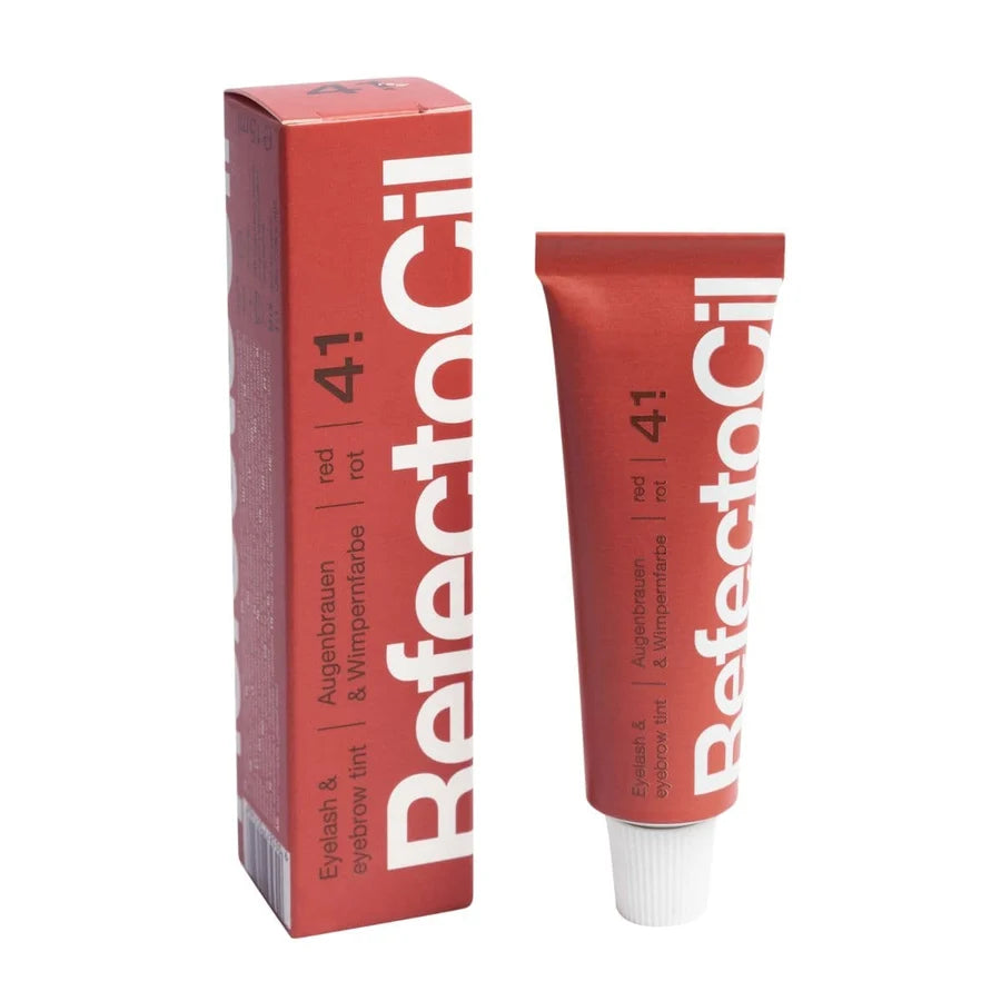 A red tube of BefectoCiL 41 Eyelash & Eyebrow Tint next to its matching red packaging box, on a plain white background.