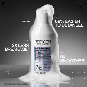 Redken shampoo bottle with text highlighting hair care benefits on a dark background