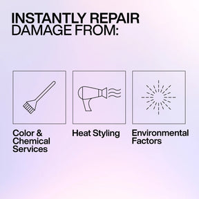 Advertisement for hair care product with icons and text on a light purple background