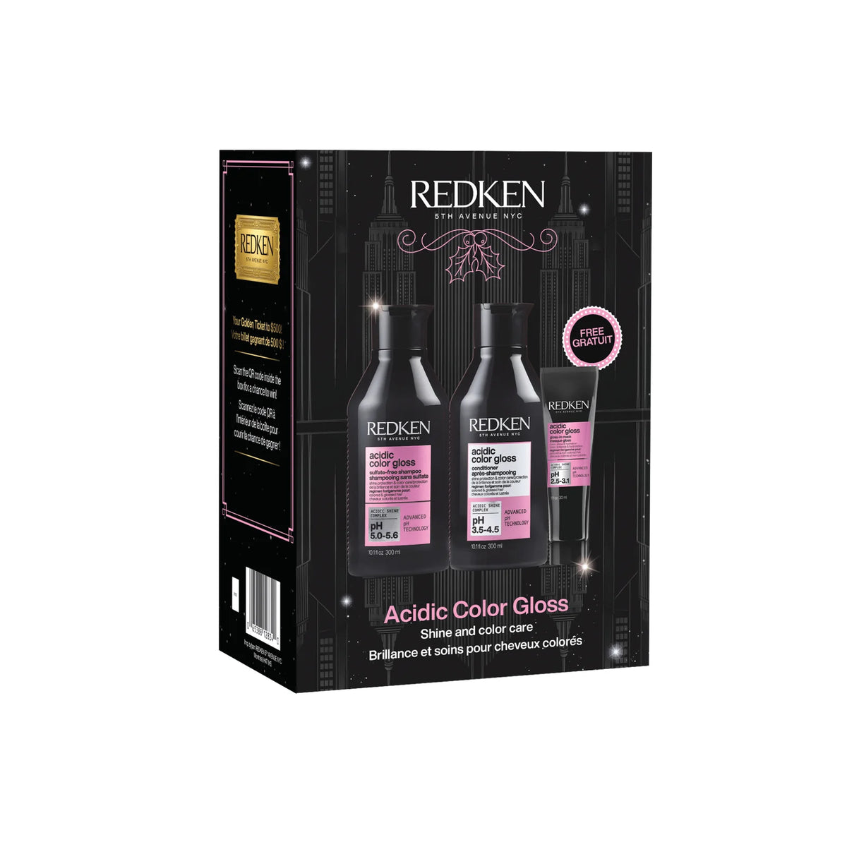 Redken Acidic Color Gloss kit in a black retail box, featuring bottles and a tube of hair color gloss with pink labels, shown on a white background.