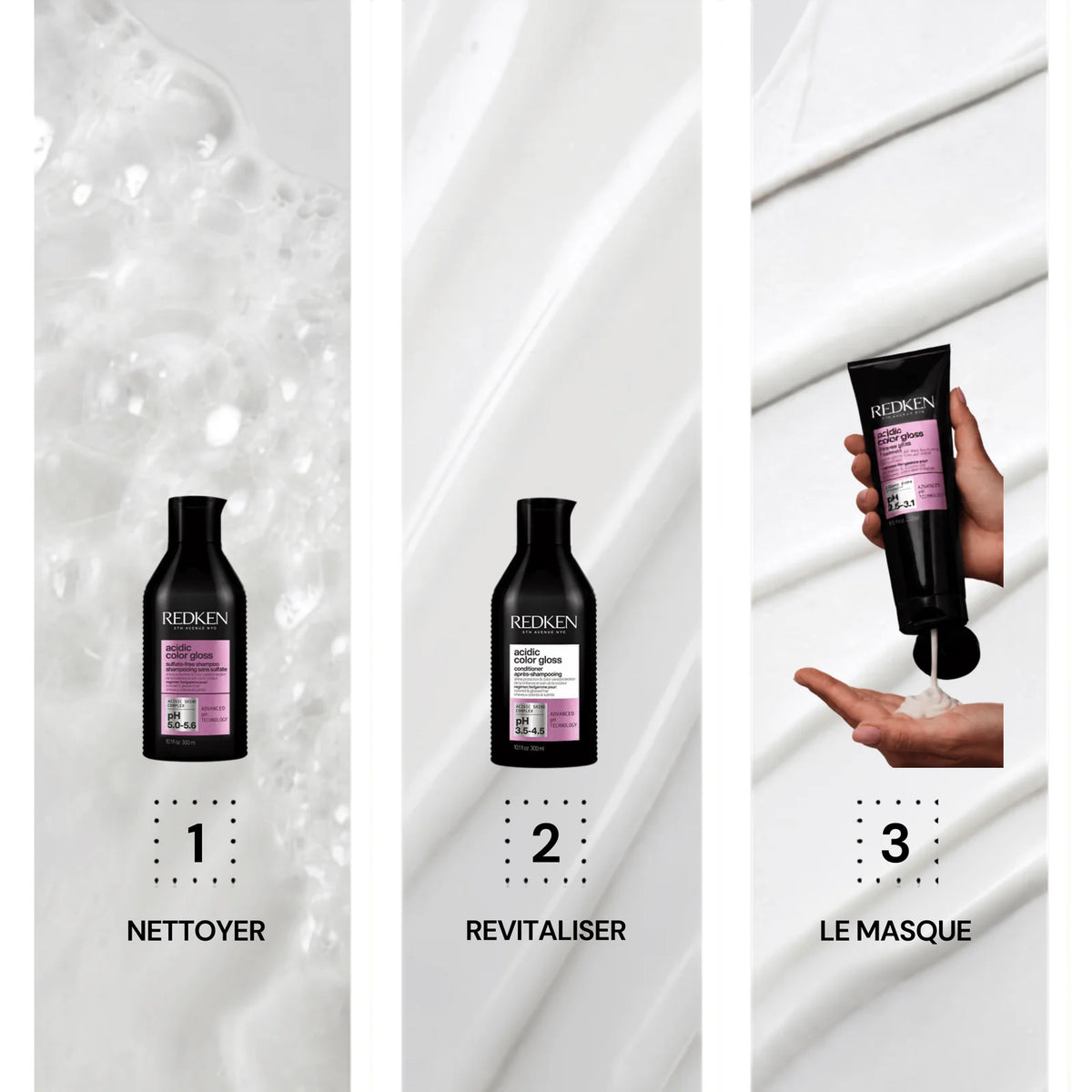 Three-panel product graphic showing a black Redken hair treatment bottle in steps: cleansing with foam, revitalizing, and applying a mask to hands under the French labels '1 NETTOYER', '2 REVITALISER', and '3 LE MASQUE'.