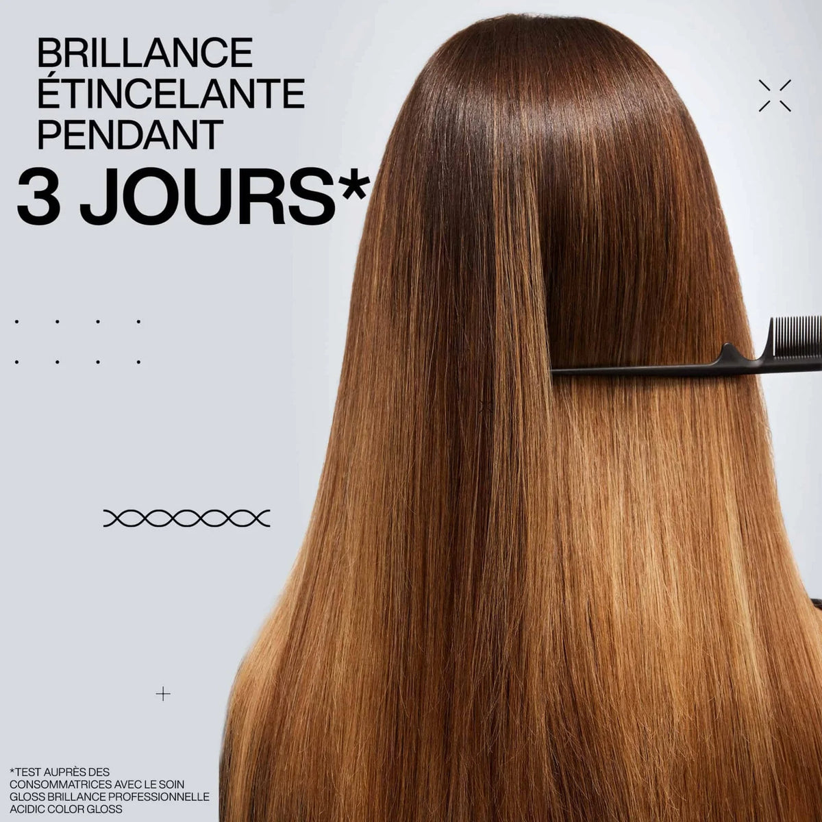 Person with straight, brown hair being styled with a comb on a light gray background.
