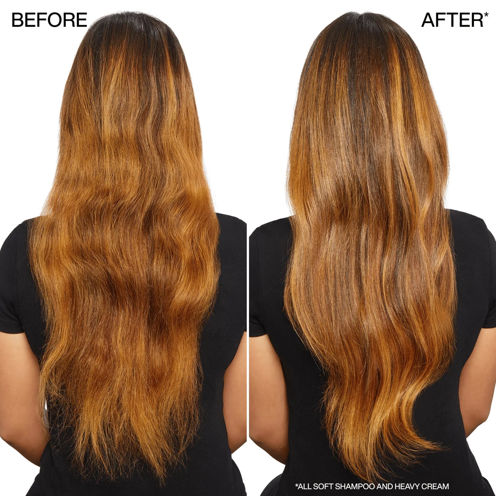 Before and after comparison of long, wavy hair with a person wearing a black shirt.