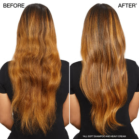 Before and after comparison of long, wavy hair with a person wearing a black shirt.