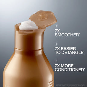 Bottle of shampoo with text highlighting its benefits on a gray background