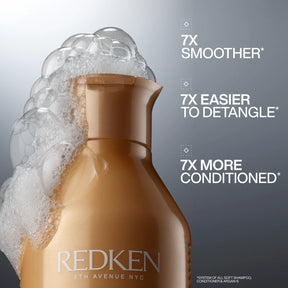 Redken shampoo bottle with text highlighting product benefits on a gray background