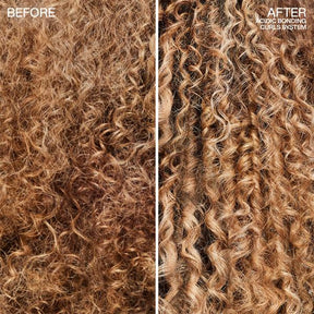 Before and after comparison of curly hair with text indicating a bonding system.