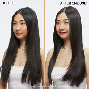 Before and after comparison of hair treatment showing a woman with straightened hair.