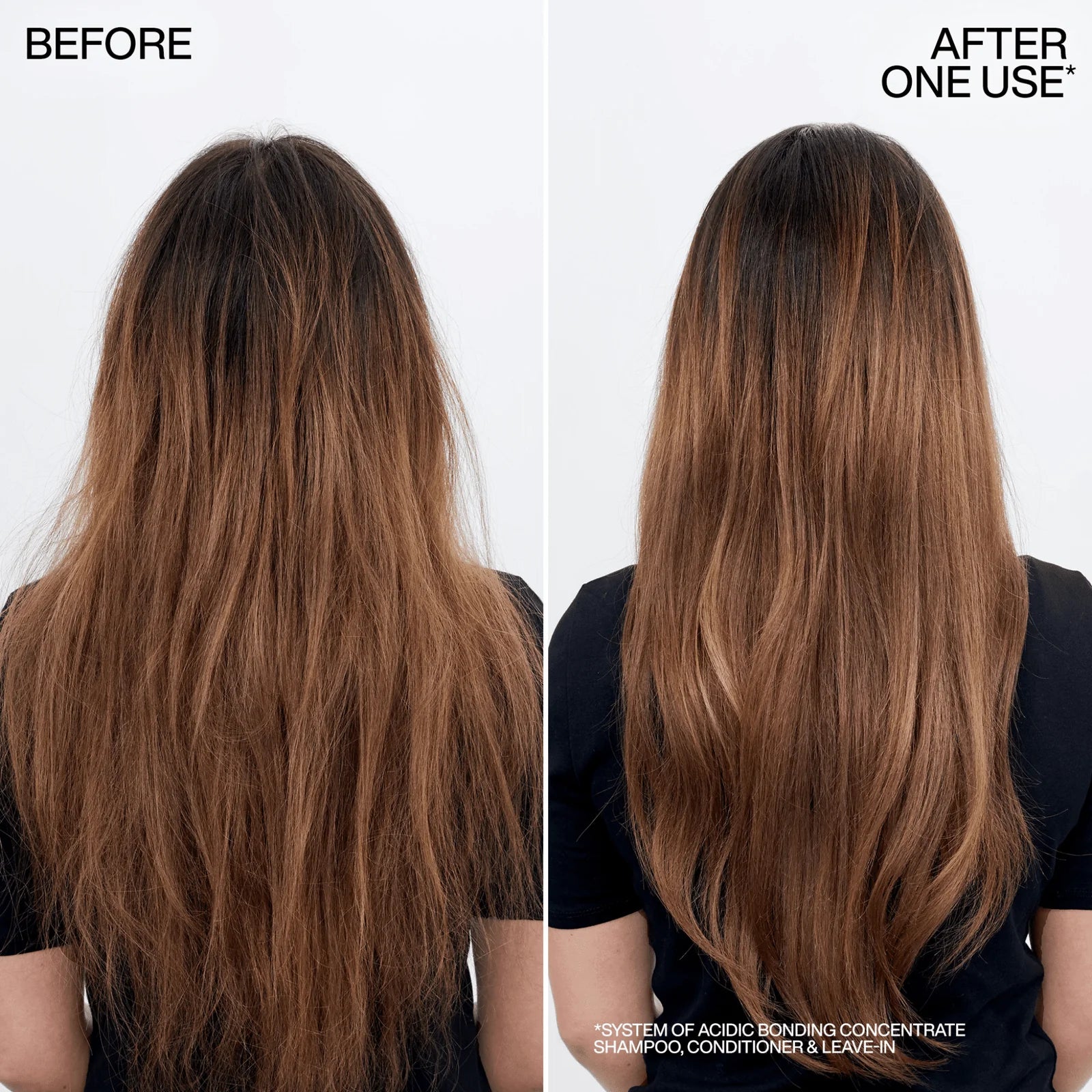 Before and after comparison of hair treatment showing improved texture and length.