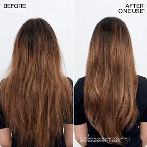 Before and after comparison of hair treatment showing improved texture and length.