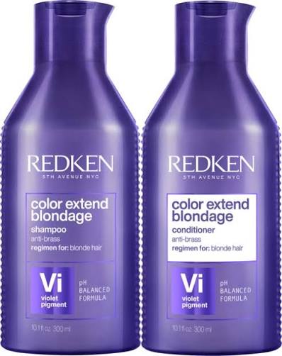Two purple Redken Color Extend Blondage bottles shown side by side on a white background, with the left bottle labeled shampoo and the right bottle labeled conditioner.