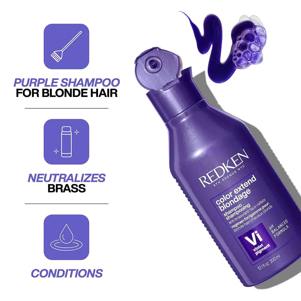 Redken purple shampoo bottle with text on a white background