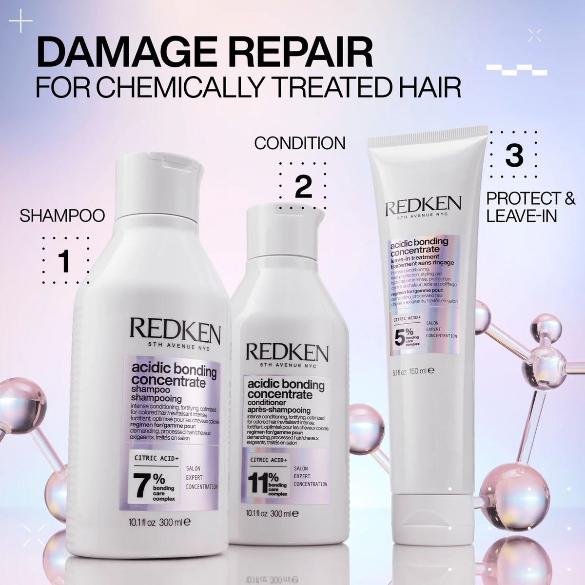 Redken hair care products for chemically treated hair with labels on a light purple background.