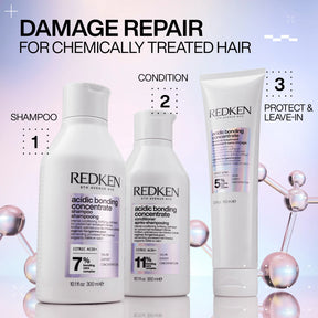 Redken hair care products for chemically treated hair with labels on a light purple background.
